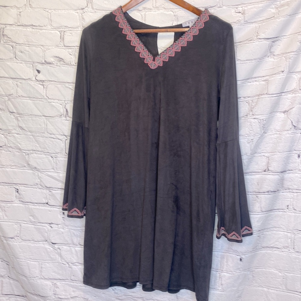 THML Black Faux Suede Embroidered Tunic Long Sleeve Dress Size Large